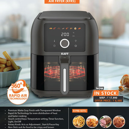 KAFF KFR8 Air Fryer 8L, 1700W with Digital Control | Fry, Bake, Roast, Defrost, Grill & Reheat with less Oil and Cholesterol | 8 Preset Control, LED Display & Touch Control, Shake/Flip Reminder 