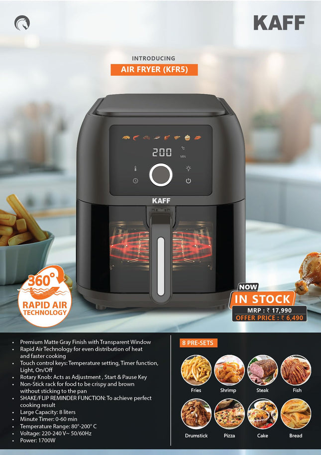 KAFF KFR8 Air Fryer 8L, 1700W with Digital Control | Fry, Bake, Roast, Defrost, Grill & Reheat with less Oil and Cholesterol | 8 Preset Control, LED Display & Touch Control, Shake/Flip Reminder