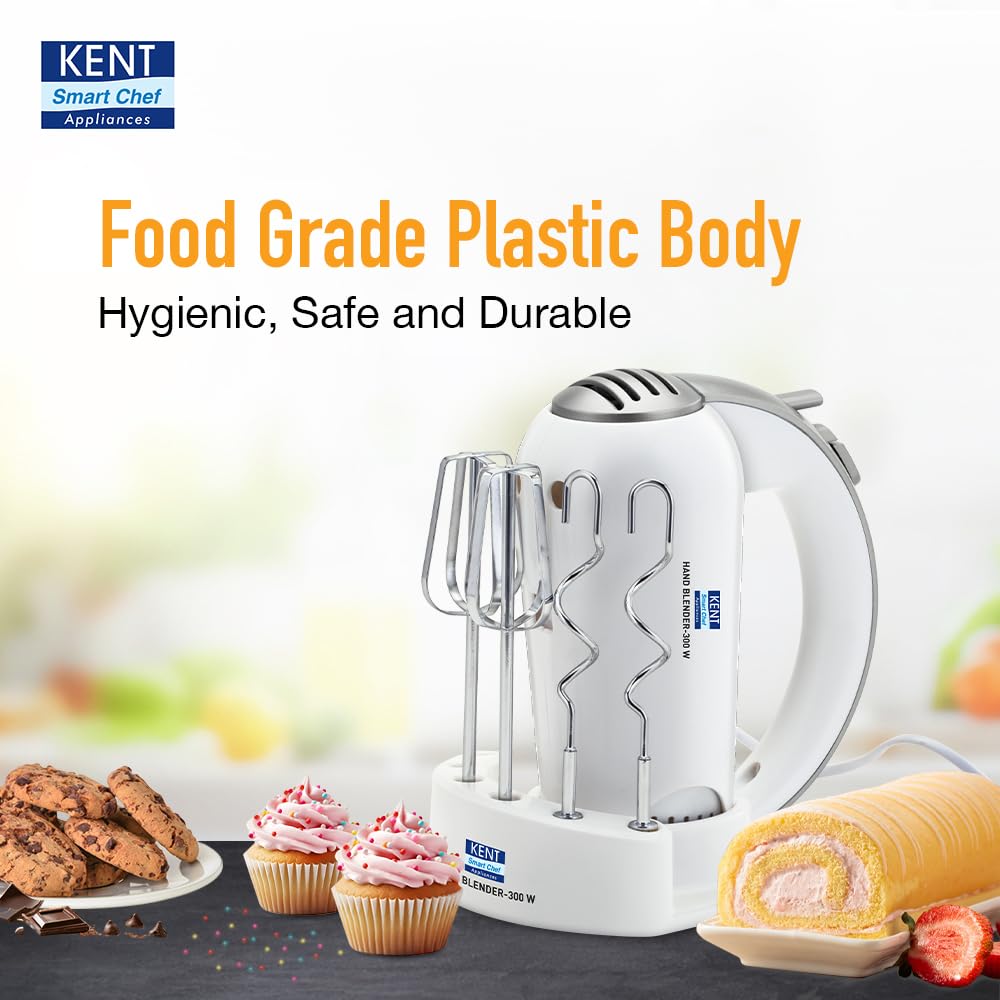 KENT 16051 Hand Blender 300 W | 5 Variable Speed Control | Multiple Beaters & Dough Hooks | Turbo Function, Plastic, 300 Watts 