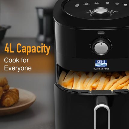 KENT Classic Air Fryer | 1300W Power & 4L Capacity | Fry, Grill, Roast & Bake | Auto Cut-Off | Up To 80% Less Oil Usage | High Temperature & Uniform Heating | Black 