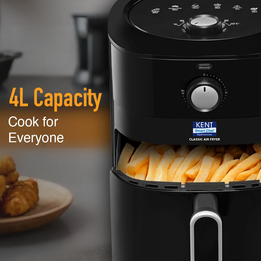 KENT Classic Air Fryer | 1300W Power & 4L Capacity | Fry, Grill, Roast & Bake | Auto Cut-Off | Up To 80% Less Oil Usage | High Temperature & Uniform Heating | Black 