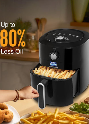 KENT Classic Air Fryer | 1300W Power & 4L Capacity | Fry, Grill, Roast & Bake | Auto Cut-Off | Up To 80% Less Oil Usage | High Temperature & Uniform Heating | Black 