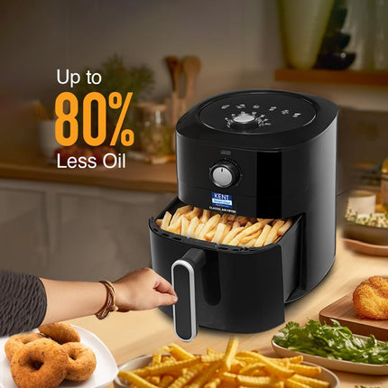 KENT Classic Air Fryer | 1300W Power & 4L Capacity | Fry, Grill, Roast & Bake | Auto Cut-Off | Up To 80% Less Oil Usage | High Temperature & Uniform Heating | Black 