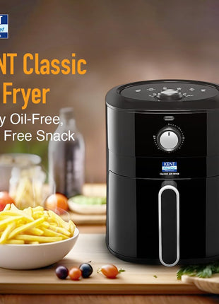 KENT Classic Air Fryer | 1300W Power & 4L Capacity | Fry, Grill, Roast & Bake | Auto Cut-Off | Up To 80% Less Oil Usage | High Temperature & Uniform Heating | Black 
