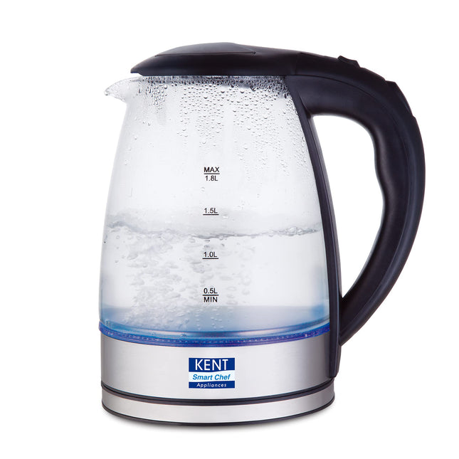 KENT Elegant Electric Glass Kettle (16052), 1.8L, Stainless Steel Heating Plate, Borosilicate Glass Body, Boil Drying Protection 