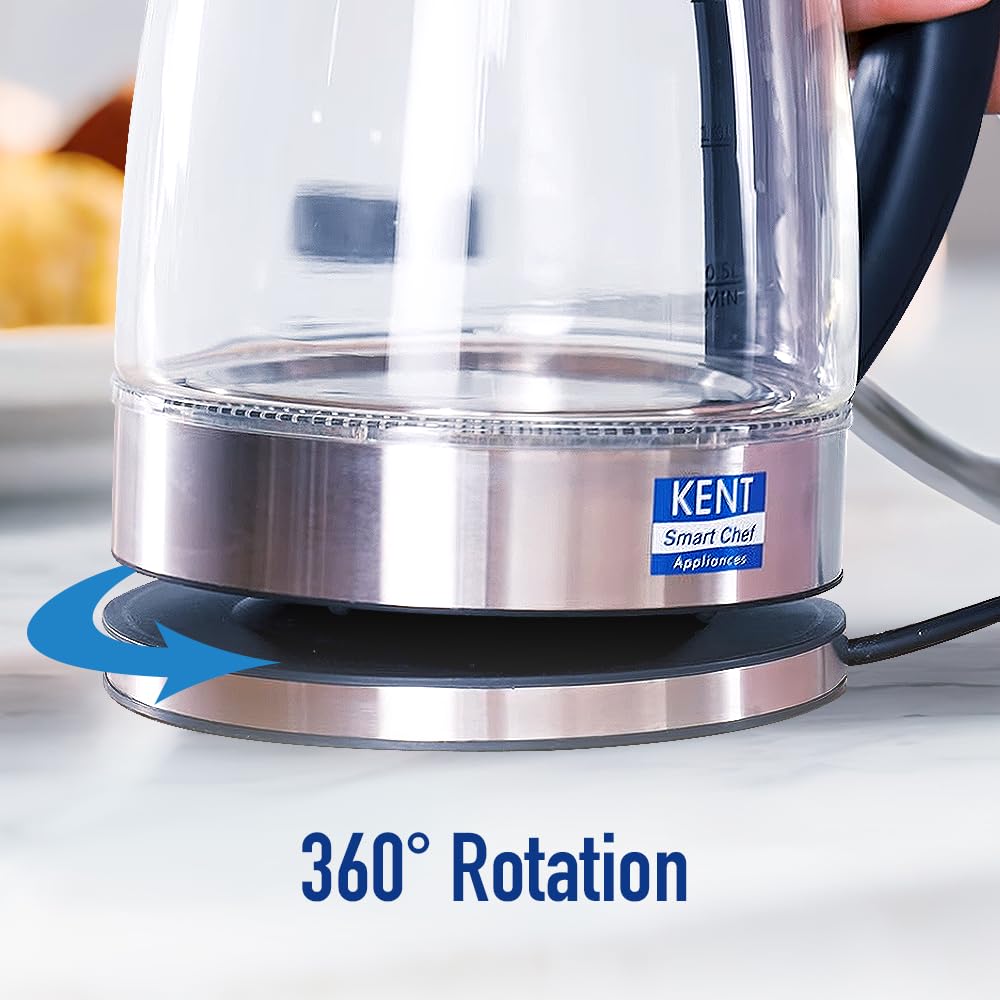KENT Elegant Electric Glass Kettle (16052), 1.8L, Stainless Steel Heating Plate, Borosilicate Glass Body, Boil Drying Protection 