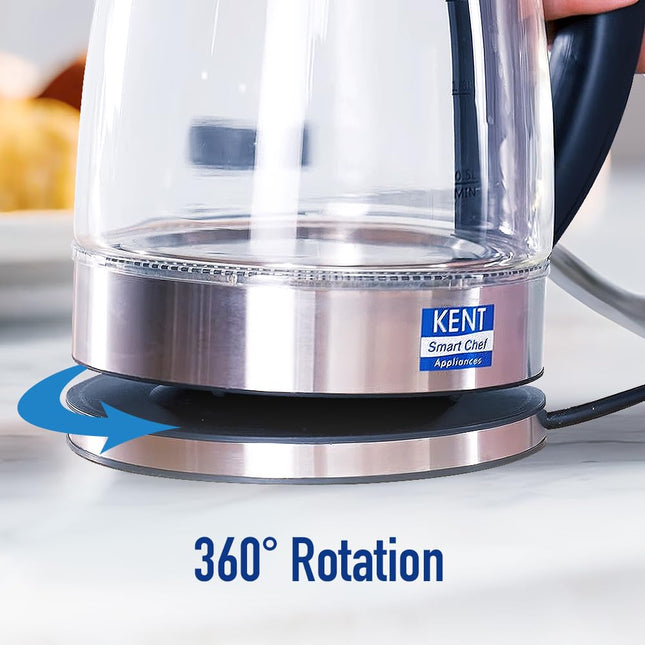 KENT Elegant Electric Glass Kettle (16052), 1.8L, Stainless Steel Heating Plate, Borosilicate Glass Body, Boil Drying Protection 