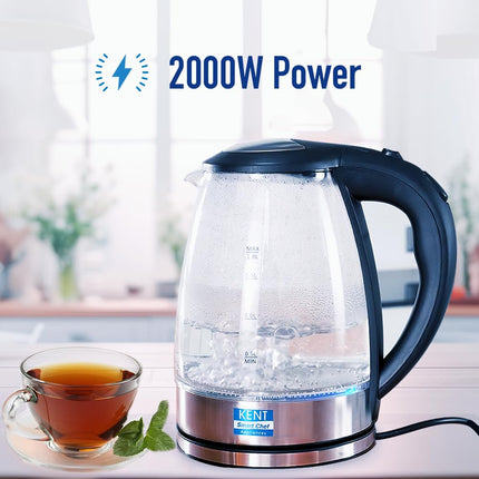 KENT Elegant Electric Glass Kettle (16052), 1.8L, Stainless Steel Heating Plate, Borosilicate Glass Body, Boil Drying Protection 