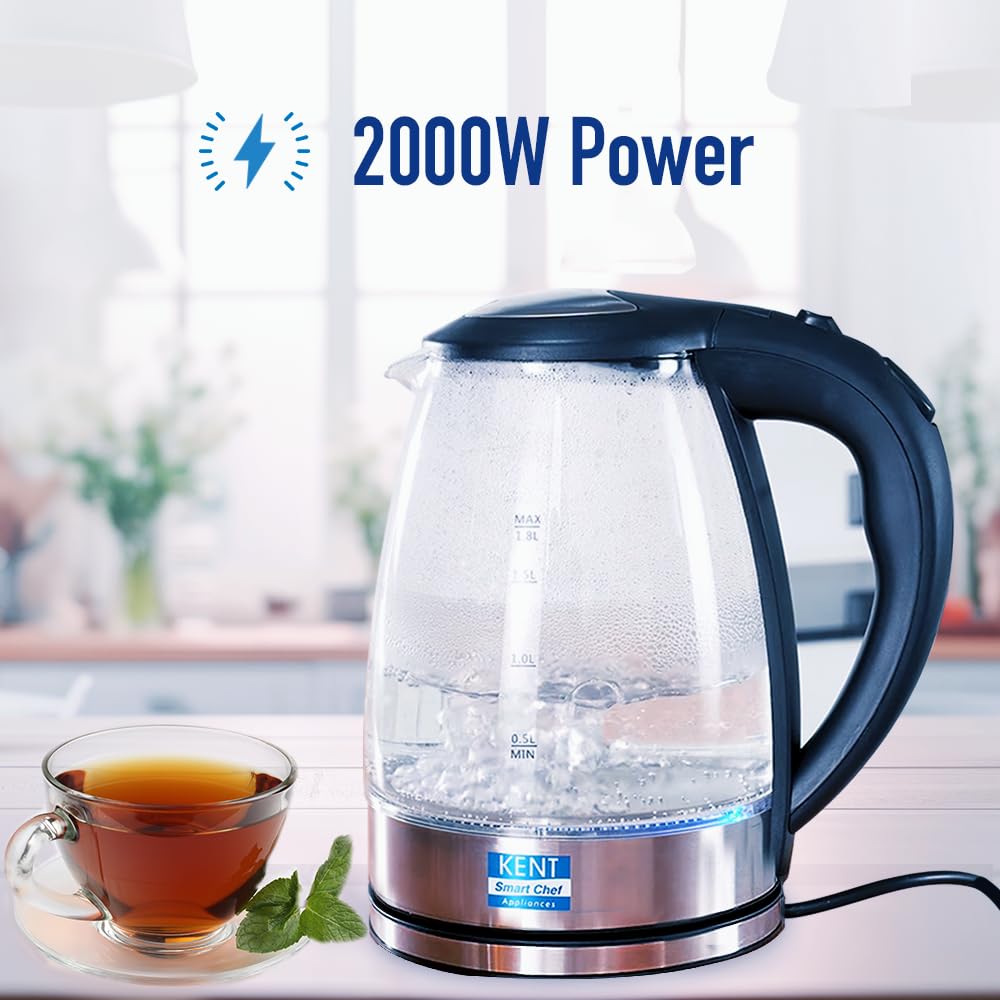 KENT Elegant Electric Glass Kettle (16052), 1.8L, Stainless Steel Heating Plate, Borosilicate Glass Body, Boil Drying Protection 