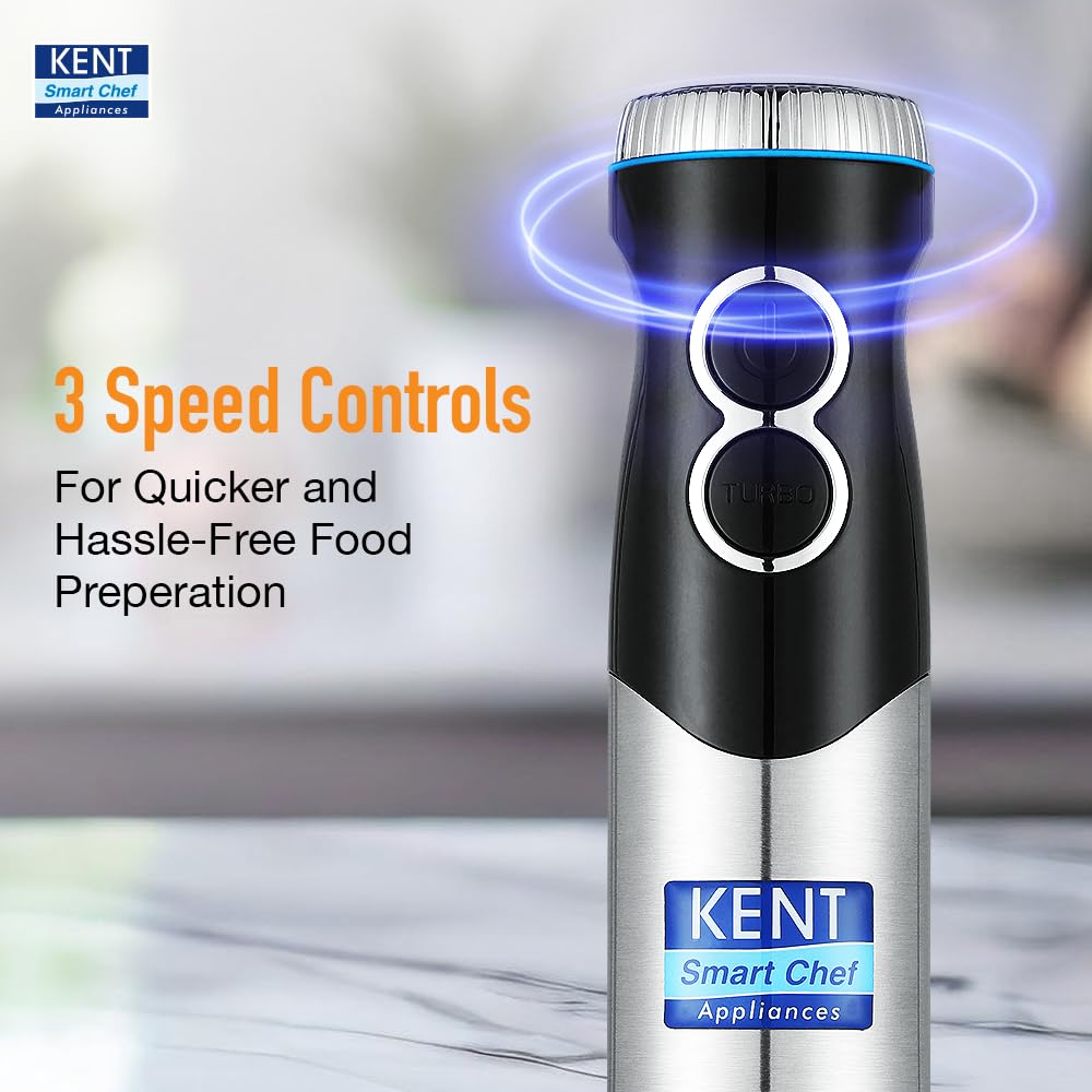 KENT SS Hand Blender 450W | Variable Speed Control | Turbo Switch For Fast Blending | Detachable Shaft For Easy Cleaning | Hot & Cold Blending | Low Noise Dc Motor - Stainless Steel, 450 Watts, Silver 