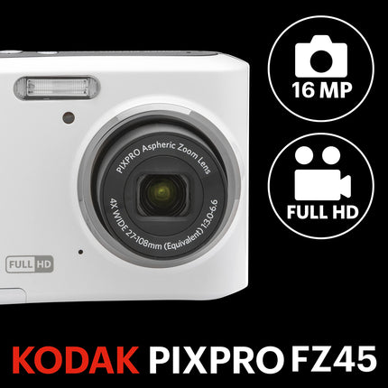 KODAK PIXPRO FZ45-WH 16MP Digital Camera 4X Optical Zoom 27mm Wide Angle 1080P Full HD Video 2.7" LCD Vlogging Camera (White) 