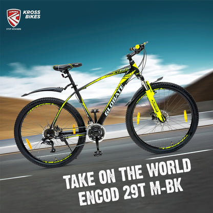 KROSS Encod 29T Unisex Matt Black Multispeed MTB | Steel Frame with Dual Disc Brakes and Front Suspension Fork | Ideal for 15+ Years (21 Speed, Yellow) 