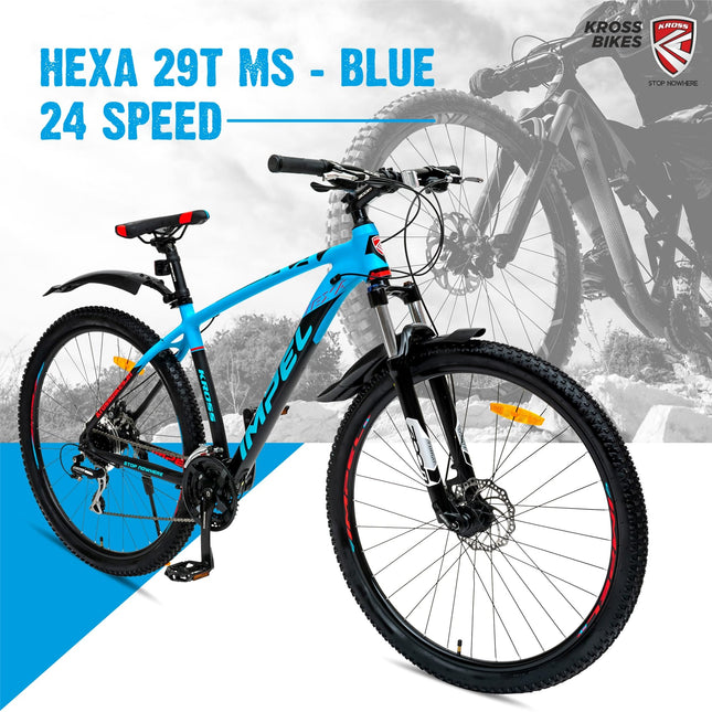 KROSS Hexa 29T Unisex Matt Black Multispeed (Shimano 24-Speed) MTB | Alloy Frame with Dual Disc Brakes and Front Suspension Fork | Ideal for 15+ Years (Blue) 