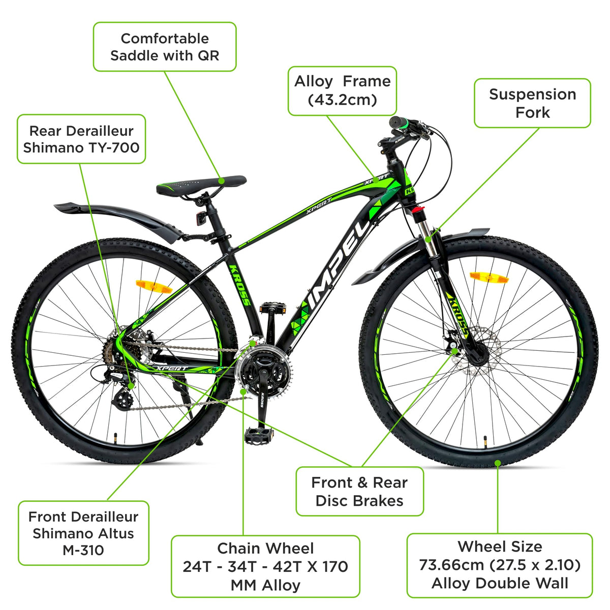 KROSS Xpert 29T Unisex Matt Black Multispeed (Shimano 24-Speed) MTB | Alloy Frame with Dual Disc Brakes and Front Suspension Fork | Ideal for 15+ Years (Green) 
