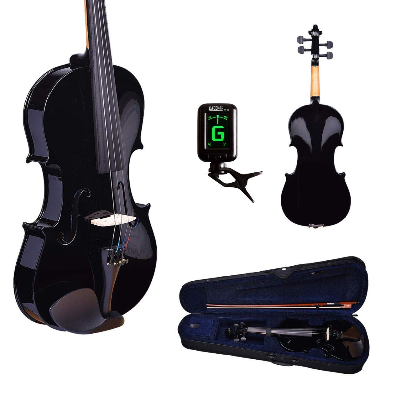 Kadence, Vivaldi 4/4 Violin With Bow, Rosin, Hard Case, Tuner V001-D (Black) 