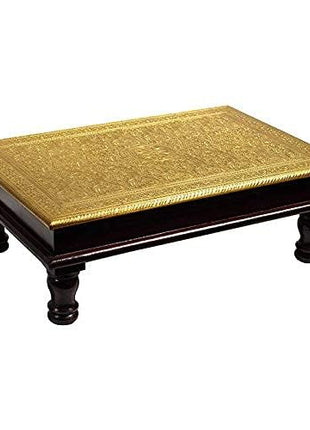 Kamdhenu art and craft Wooden Chowki | Floral Brass Fitted Decorative Bajot for Sitting Pooja Temple 12 x18 