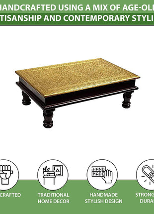 Kamdhenu art and craft Wooden Chowki | Floral Brass Fitted Decorative Bajot for Sitting Pooja Temple 12 x18 