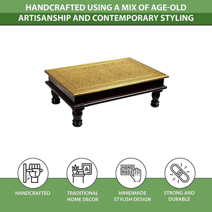 Kamdhenu art and craft Wooden Chowki | Floral Brass Fitted Decorative Bajot for Sitting Pooja Temple 12 x18 