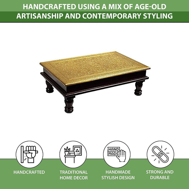 Kamdhenu art and craft Wooden Chowki | Floral Brass Fitted Decorative Bajot for Sitting Pooja Temple 12 x18 