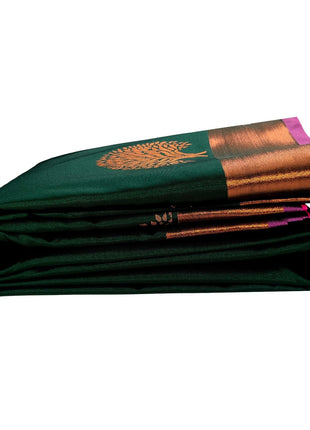 Kanchipuram Pure Silk Saree Original Golden Zari Intricate Jacquard Weaves Traditional Rich Border & Contrast Zari Rich Pallu(Green)-Silk Mark 