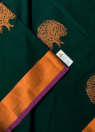 Kanchipuram Pure Silk Saree Original Golden Zari Intricate Jacquard Weaves Traditional Rich Border & Contrast Zari Rich Pallu(Green)-Silk Mark 