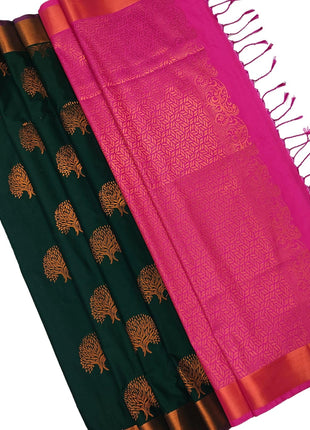 Kanchipuram Pure Silk Saree Original Golden Zari Intricate Jacquard Weaves Traditional Rich Border & Contrast Zari Rich Pallu(Green)-Silk Mark 