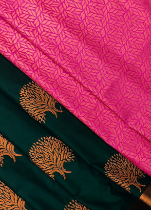 Kanchipuram Pure Silk Saree Original Golden Zari Intricate Jacquard Weaves Traditional Rich Border & Contrast Zari Rich Pallu(Green)-Silk Mark 