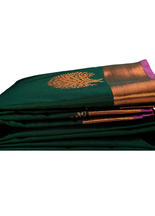 Kanchipuram Pure Silk Saree Original Golden Zari Intricate Jacquard Weaves Traditional Rich Border & Contrast Zari Rich Pallu(Green)-Silk Mark 