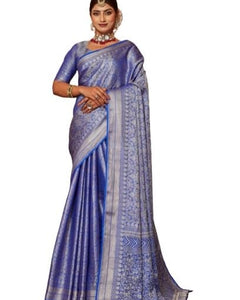 Kanjivaram Women's Pure Silk Brocade Mysore Silk sarees Banarasi Silk Jacquard Zari Work With Unstitched brocket blouse with borders-016 (Lavender) 