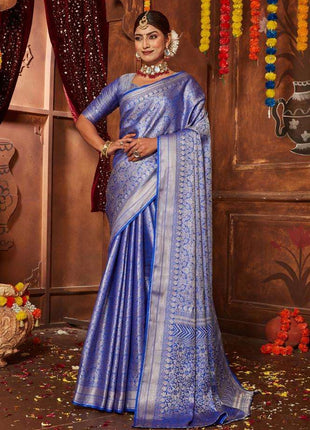 Kanjivaram Women's Pure Silk Brocade Mysore Silk sarees Banarasi Silk Jacquard Zari Work With Unstitched brocket blouse with borders-016 (Lavender) 