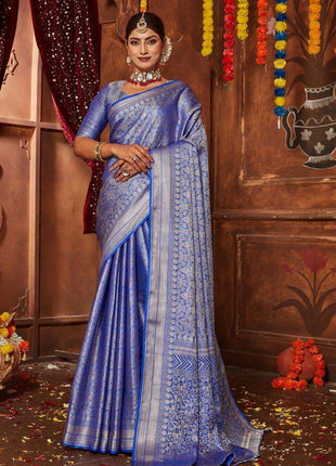 Kanjivaram Women's Pure Silk Brocade Mysore Silk sarees Banarasi Silk Jacquard Zari Work With Unstitched brocket blouse with borders-016 (Lavender) 