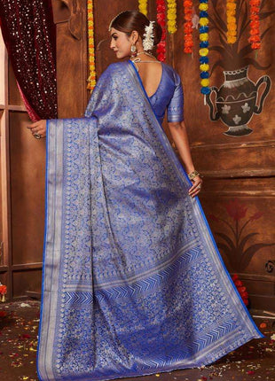 Kanjivaram Women's Pure Silk Brocade Mysore Silk sarees Banarasi Silk Jacquard Zari Work With Unstitched brocket blouse with borders-016 (Lavender) 