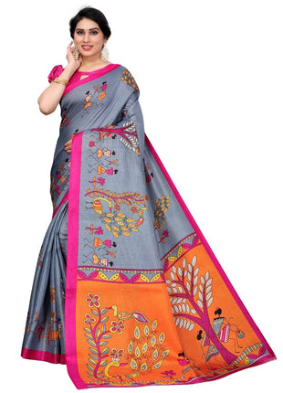 Kanooda Prints Women's Fancy Mysore Art silk Printed Saree Ethnic Flower Pattern_3156_Mysore_Grey 