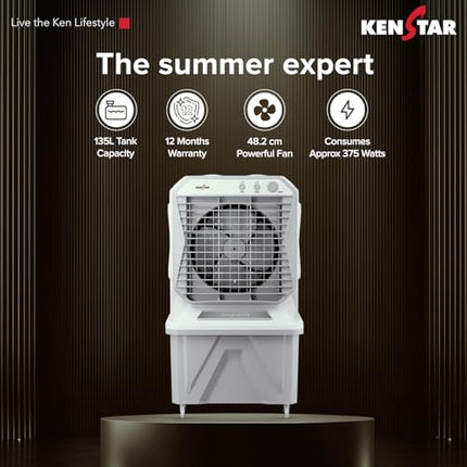 Kenstar AEROGLIDE HC 135 L Desert Air Cooler WITH FRONT LOCKING COMMERCIAL GRADE WHEELS for Home|Anti-Bacterial Honeycomb Pads|High-Speed |80Ft Air Throw|1-Yr Product Warranty|Light Grey 
