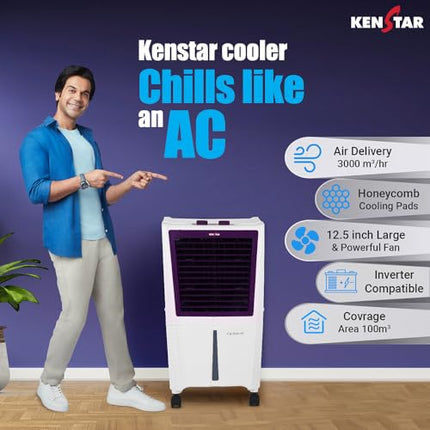 Kenstar CYCLONE HC 40 L Room/Personal Air Cooler For Home| Honeycomb Pad |High Speed Fan |45 Ft Powerful Air Throw|Inverter compatible |Portable Cooler-Room|1-Yr Product Warranty|White & Purple 