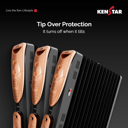 Kenstar Luxora 2900W 13-Fin Oil Filled Room Heater with 400W PTC Fan Heater | 3 Heat Settings | Adjustable Thermostat | Tip-Over Safety | Castor Wheels | 2-Year Warranty (Black & Gold) 