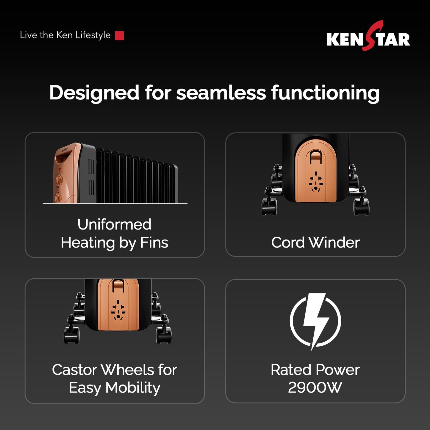 Kenstar Luxora 2900W 13-Fin Oil Filled Room Heater with 400W PTC Fan Heater | 3 Heat Settings | Adjustable Thermostat | Tip-Over Safety | Castor Wheels | 2-Year Warranty (Black & Gold) 