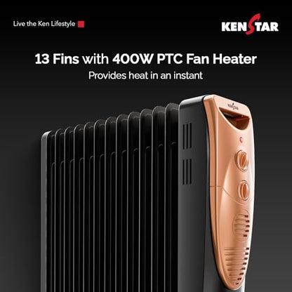 Kenstar Luxora 2900W 13-Fin Oil Filled Room Heater with 400W PTC Fan Heater | 3 Heat Settings | Adjustable Thermostat | Tip-Over Safety | Castor Wheels | 2-Year Warranty (Black & Gold) 