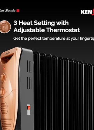 Kenstar Luxora 2900W 13-Fin Oil Filled Room Heater with 400W PTC Fan Heater | 3 Heat Settings | Adjustable Thermostat | Tip-Over Safety | Castor Wheels | 2-Year Warranty (Black & Gold) 