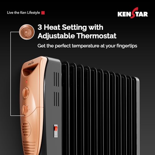 Kenstar Luxora 2900W 13-Fin Oil Filled Room Heater with 400W PTC Fan Heater | 3 Heat Settings | Adjustable Thermostat | Tip-Over Safety | Castor Wheels | 2-Year Warranty (Black & Gold) 