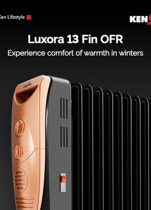 Kenstar Luxora 2900W 13-Fin Oil Filled Room Heater with 400W PTC Fan Heater | 3 Heat Settings | Adjustable Thermostat | Tip-Over Safety | Castor Wheels | 2-Year Warranty (Black & Gold) 