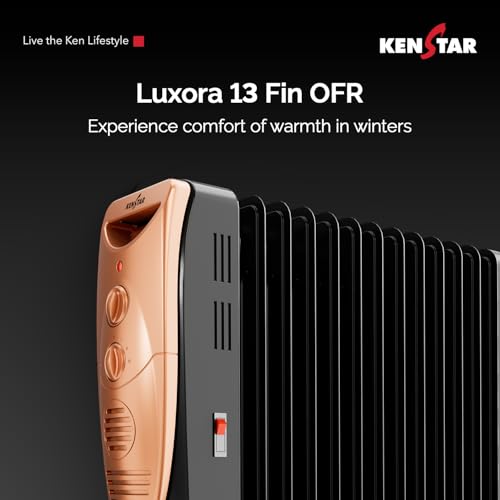 Kenstar Luxora 2900W 13-Fin Oil Filled Room Heater with 400W PTC Fan Heater | 3 Heat Settings | Adjustable Thermostat | Tip-Over Safety | Castor Wheels | 2-Year Warranty (Black & Gold) 