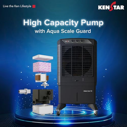 Kenstar MAHA KOOL HC 90 L Desert Air Cooler WITH FRONT LOCKING COMMERCIAL GRADE WHEELS for Home|Anti-Bacterial Honeycomb Pads|High-Speed |Invertor ready|50Ft Air Throw|1-Yr Product Warranty|Grey 