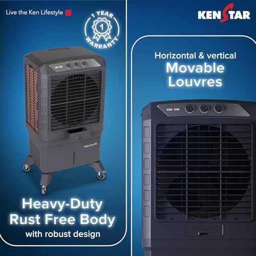 Kenstar MAHA KOOL HC 90 L Desert Air Cooler WITH FRONT LOCKING COMMERCIAL GRADE WHEELS for Home|Anti-Bacterial Honeycomb Pads|High-Speed |Invertor ready|50Ft Air Throw|1-Yr Product Warranty|Grey 