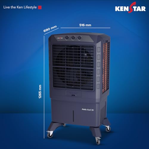 Kenstar MAHA KOOL HC 90 L Desert Air Cooler WITH FRONT LOCKING COMMERCIAL GRADE WHEELS for Home|Anti-Bacterial Honeycomb Pads|High-Speed |Invertor ready|50Ft Air Throw|1-Yr Product Warranty|Grey 