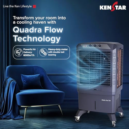 Kenstar MAHA KOOL HC 90 L Desert Air Cooler WITH FRONT LOCKING COMMERCIAL GRADE WHEELS for Home|Anti-Bacterial Honeycomb Pads|High-Speed |Invertor ready|50Ft Air Throw|1-Yr Product Warranty|Grey 