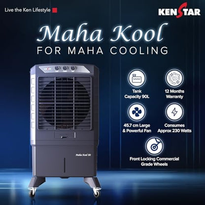 Kenstar MAHA KOOL HC 90 L Desert Air Cooler WITH FRONT LOCKING COMMERCIAL GRADE WHEELS for Home|Anti-Bacterial Honeycomb Pads|High-Speed |Invertor ready|50Ft Air Throw|1-Yr Product Warranty|Grey 