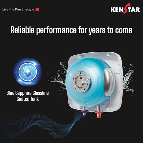 Kenstar Marvel 10-L, 5 Star Rated Storage Water Heater with Superior Glassline Coated Tank, Powerful 2000W Heating Element, Rust Proof Plastic Body and Advanced 3 Level Safety|(White and Blue) 