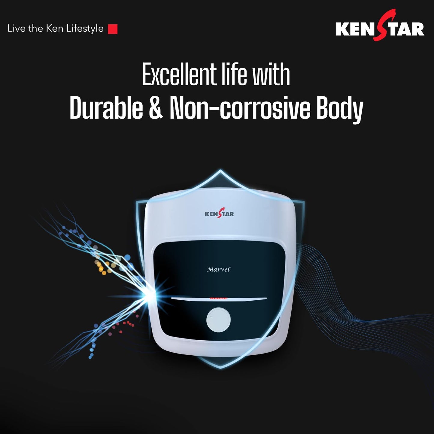 Kenstar Marvel 10-L, 5 Star Rated Storage Water Heater with Superior Glassline Coated Tank, Powerful 2000W Heating Element, Rust Proof Plastic Body and Advanced 3 Level Safety|(White and Blue) 