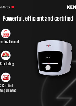 Kenstar Marvel 10-L, 5 Star Rated Storage Water Heater with Superior Glassline Coated Tank, Powerful 2000W Heating Element, Rust Proof Plastic Body and Advanced 3 Level Safety|(White and Blue) 